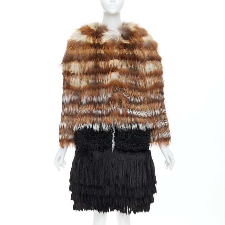 GIAMBATTISTA VALLI brown black mixed fur fringe hem long coat