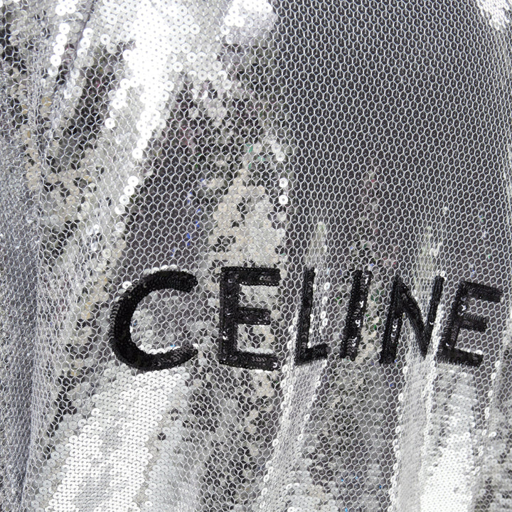 CELINE 2021 Runway silver sequin cotton black white logo teddy bomber jacket XS