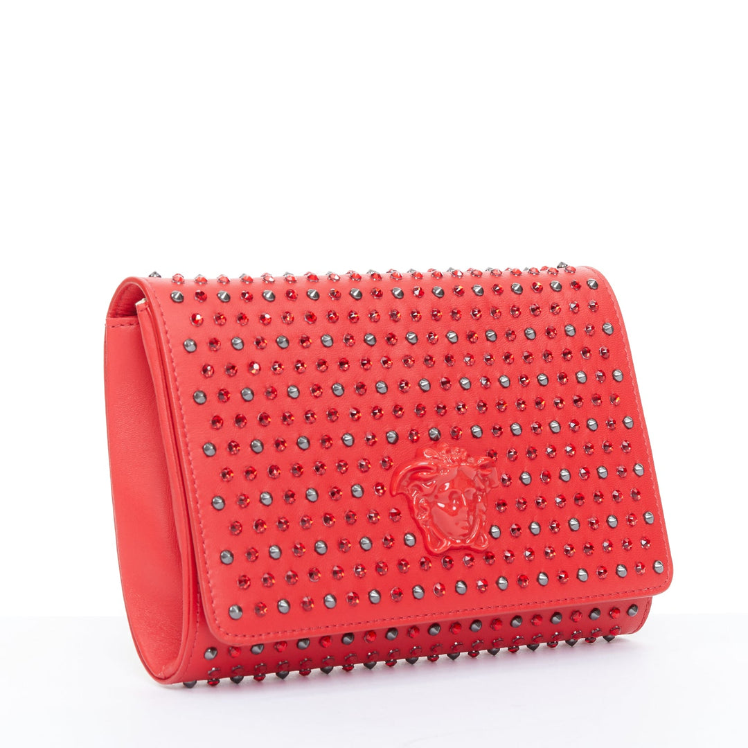 VERSACE Palazzo Medusa red strass crystal stud embellished leather crossbody bag