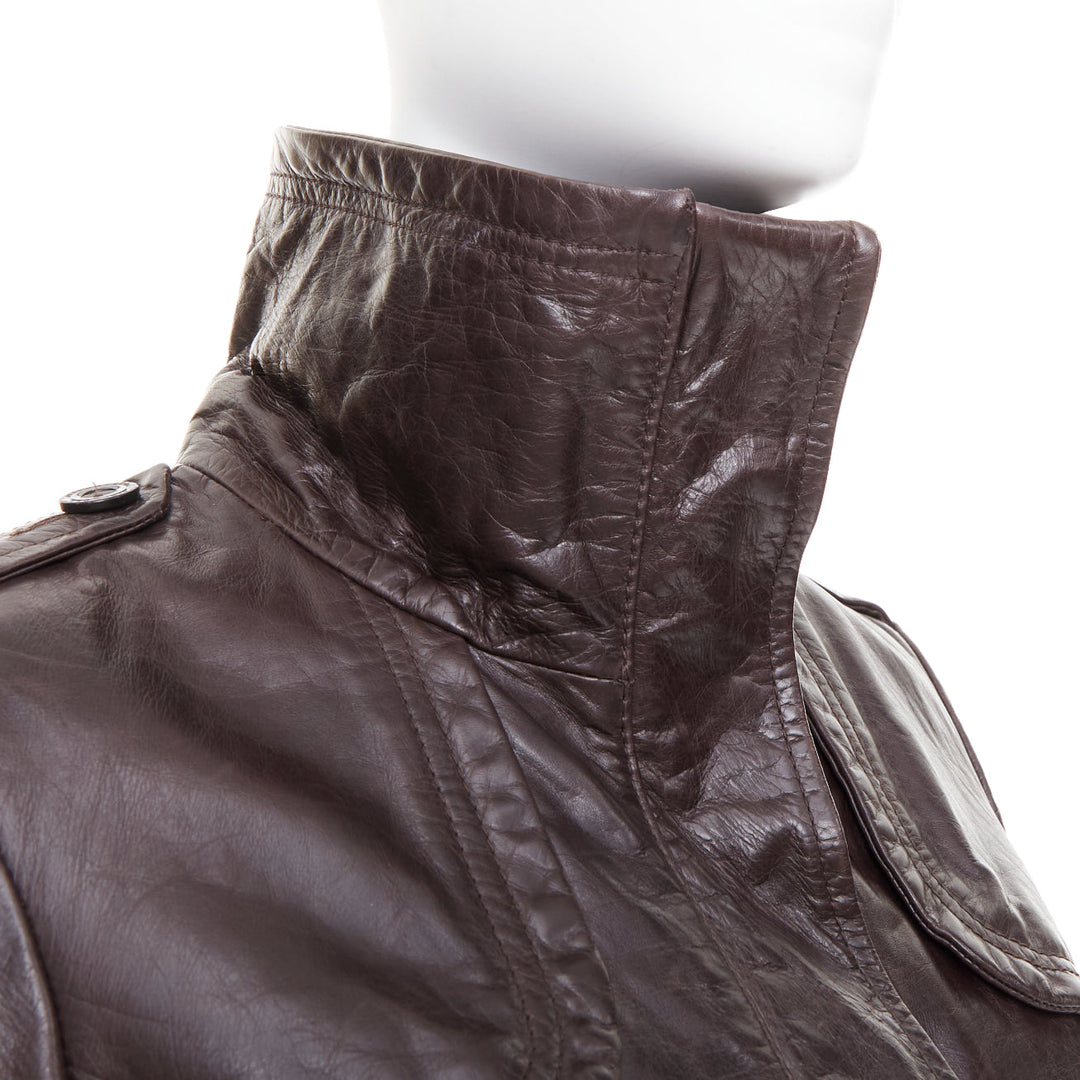 PATRIZIA PEPE brown stiff leather eyelet stud high collar biker jacket IT42 M