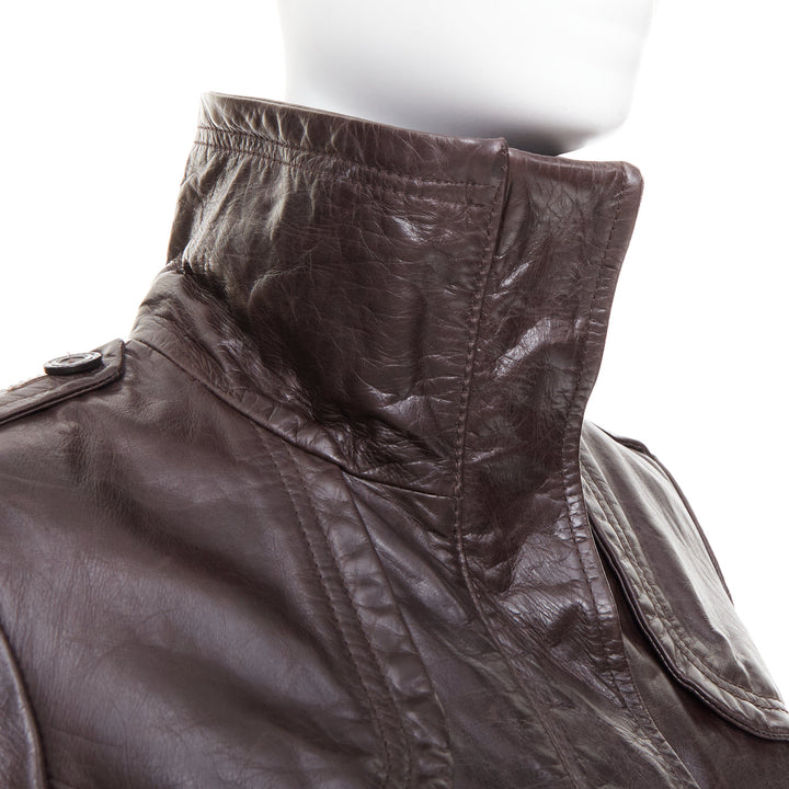 PATRIZIA PEPE brown stiff leather eyelet stud high collar biker jacket IT42 M