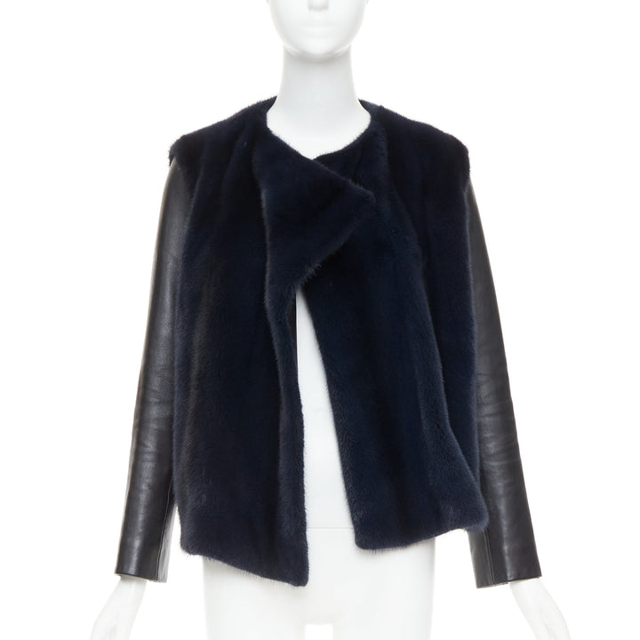 CHRISTIAN DIOR navy natural fur black soft leather sleeve silk lined jacket
