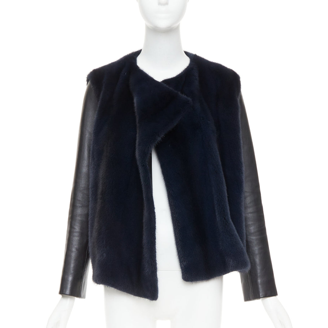 CHRISTIAN DIOR navy natural fur black soft leather sleeve silk lined jacket