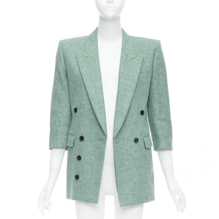 SAINT LAURENT 2022 Runway green tweed shoulder power blazer minidress FR34 XS