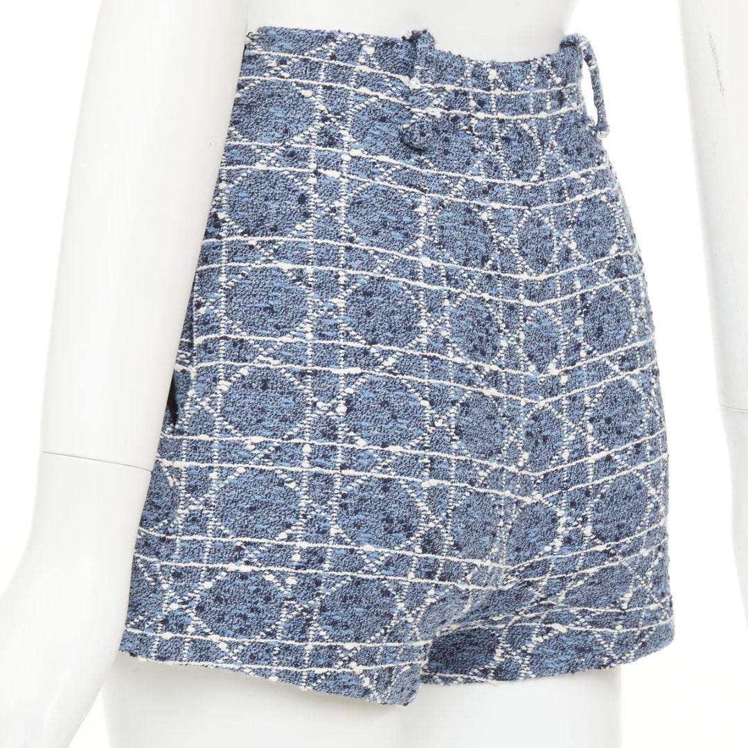 DIOR 2025 Macrocannage sky blue white cotton blend tweed woven shorts FR34 XS