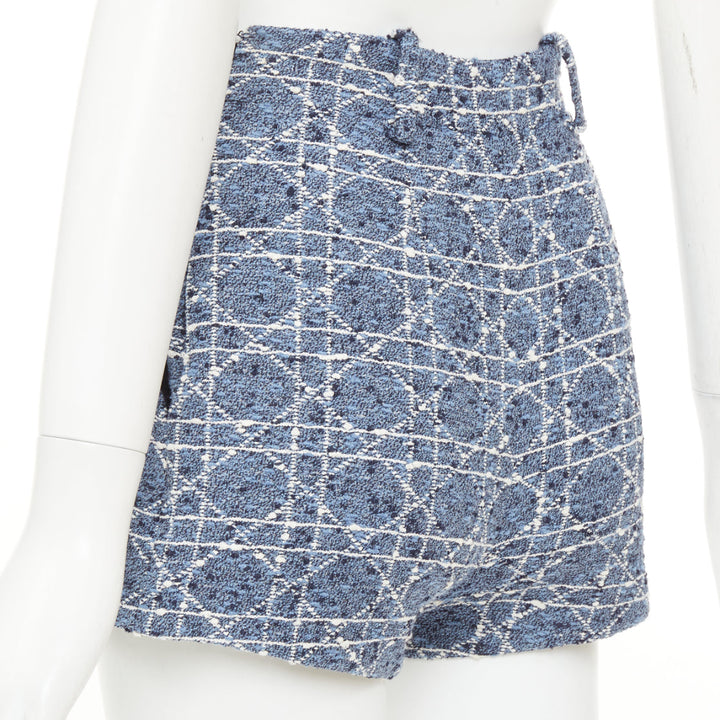 DIOR 2025 Macrocannage sky blue white cotton blend tweed woven shorts FR34 XS