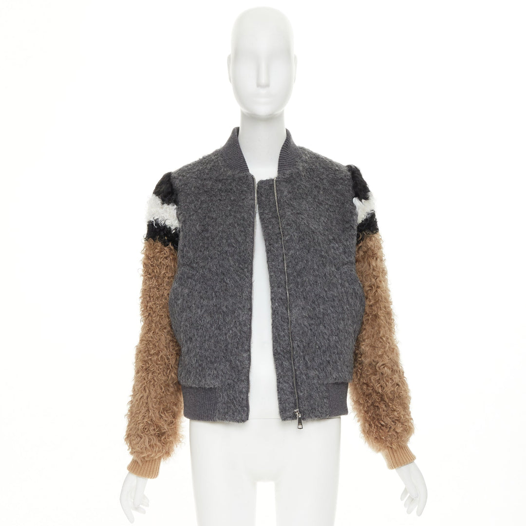NO. 21 grey tan brown alpaca mohair blend fluffy sleeve  bomber jacket IT40 S