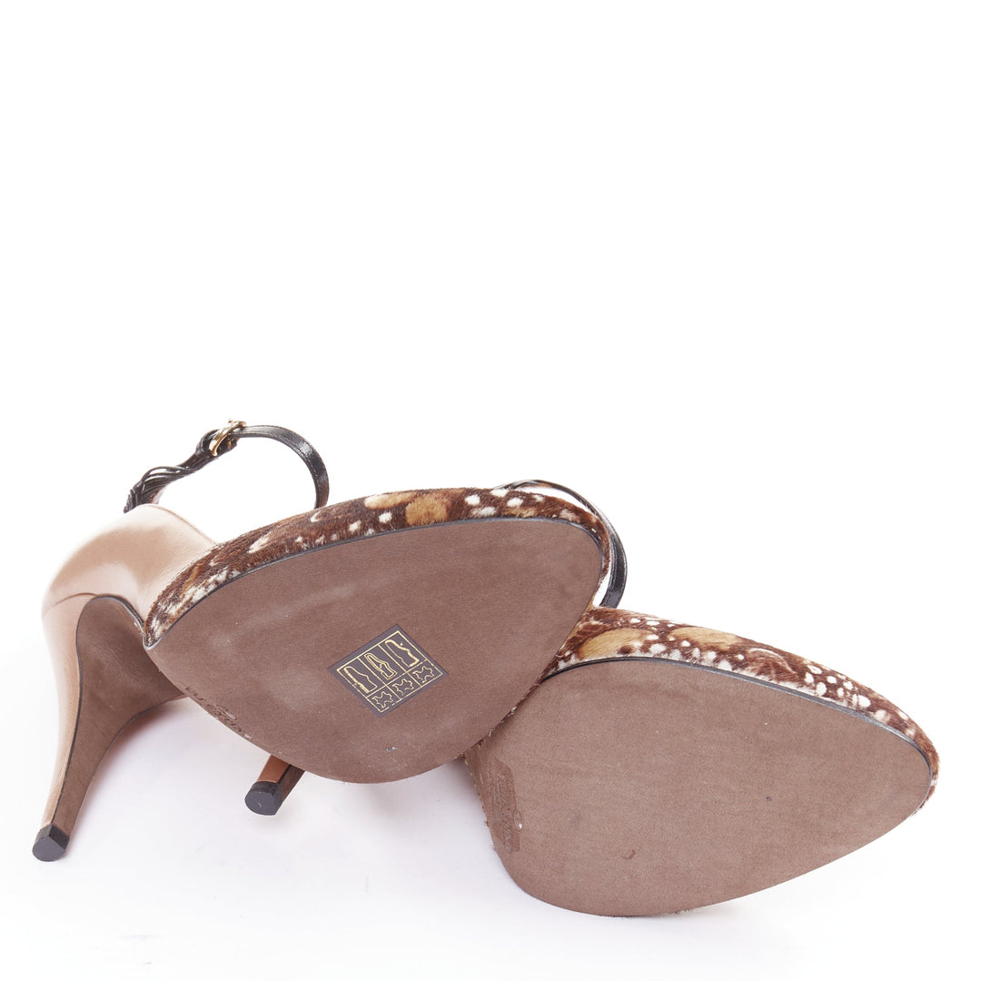 VALENTINO 2011 Runway brown feather print pony hair ankle strap pumps EU37