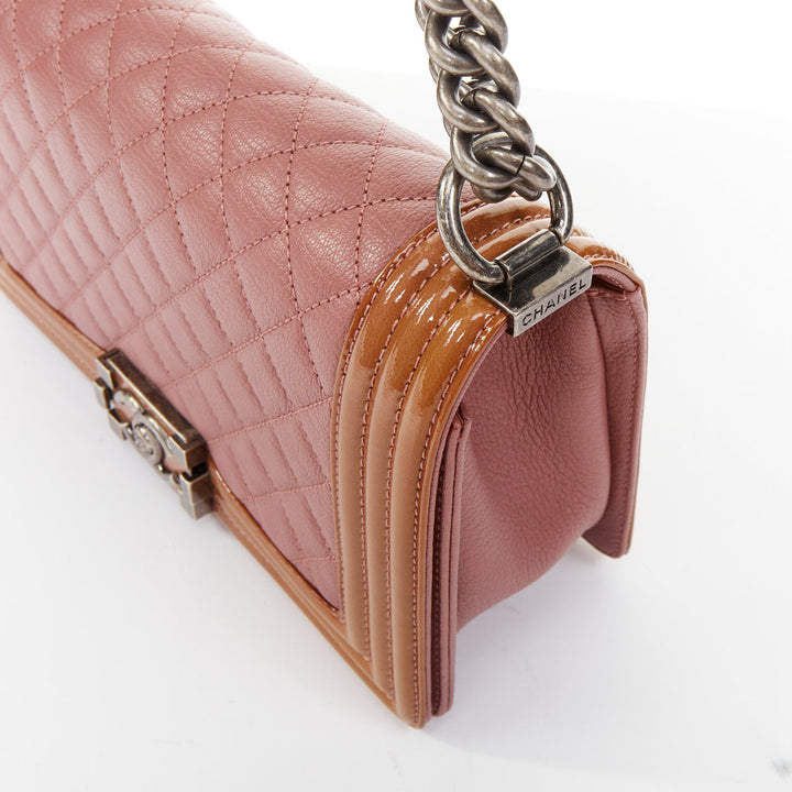 CHANEL Duo Boy Flap pink lambskin beige patent leather small shoulder bag