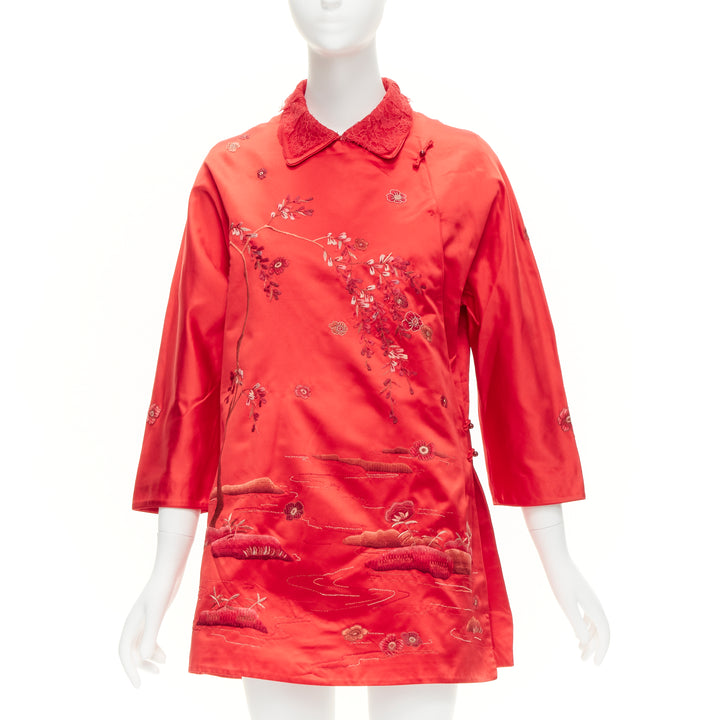 SHIATZY CHEN red silk lace collar floral cloud embroidery qipao top IT44 L