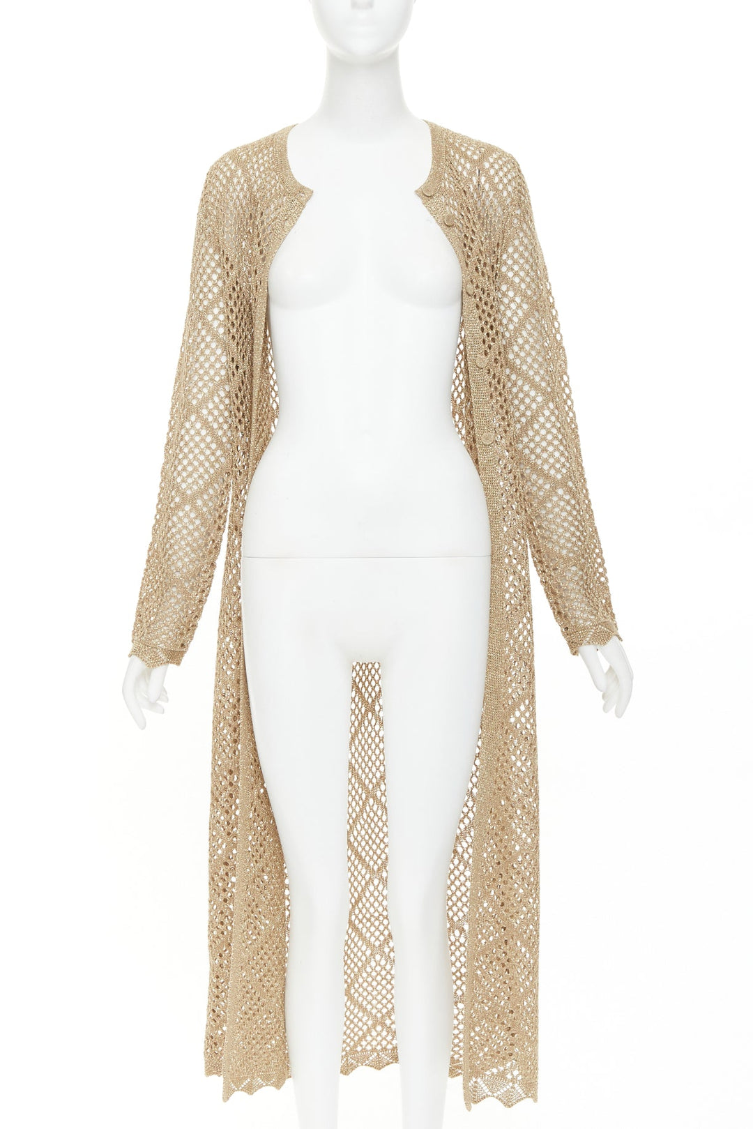 TWINSET 2024  metallic gold lurex mesh diamond open knit lace long cardigan M