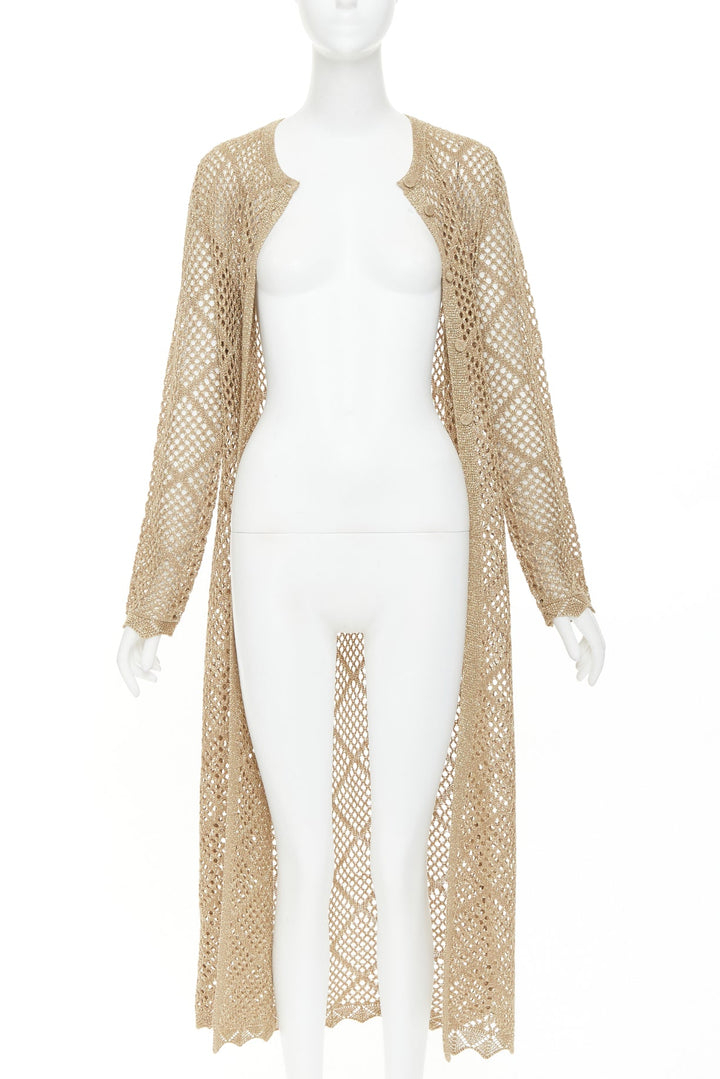 TWINSET 2024  metallic gold lurex mesh diamond open knit lace long cardigan M