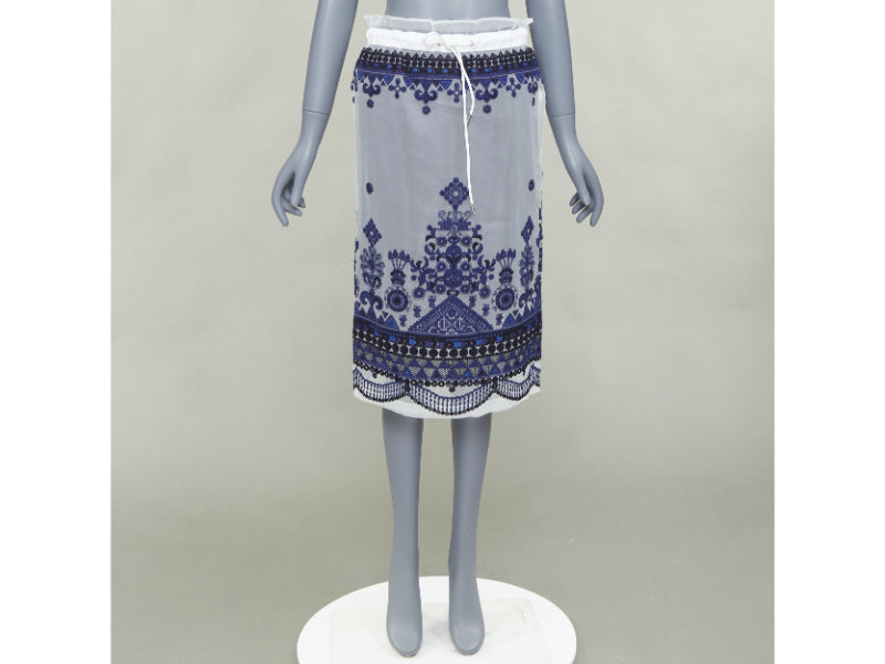 SACAI 2017 white navy blue sheer ethnic embroidery paperbag midi skirt JP1 S