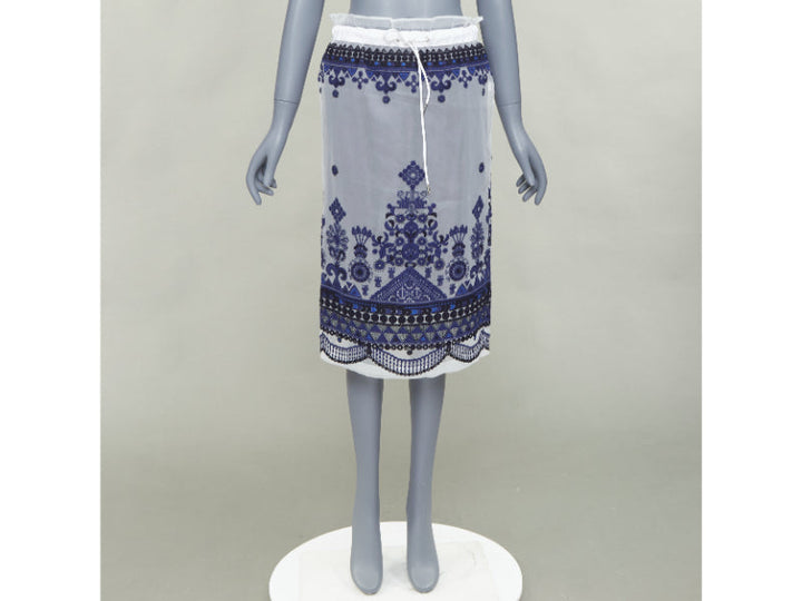 SACAI 2017 white navy blue sheer ethnic embroidery paperbag midi skirt JP1 S