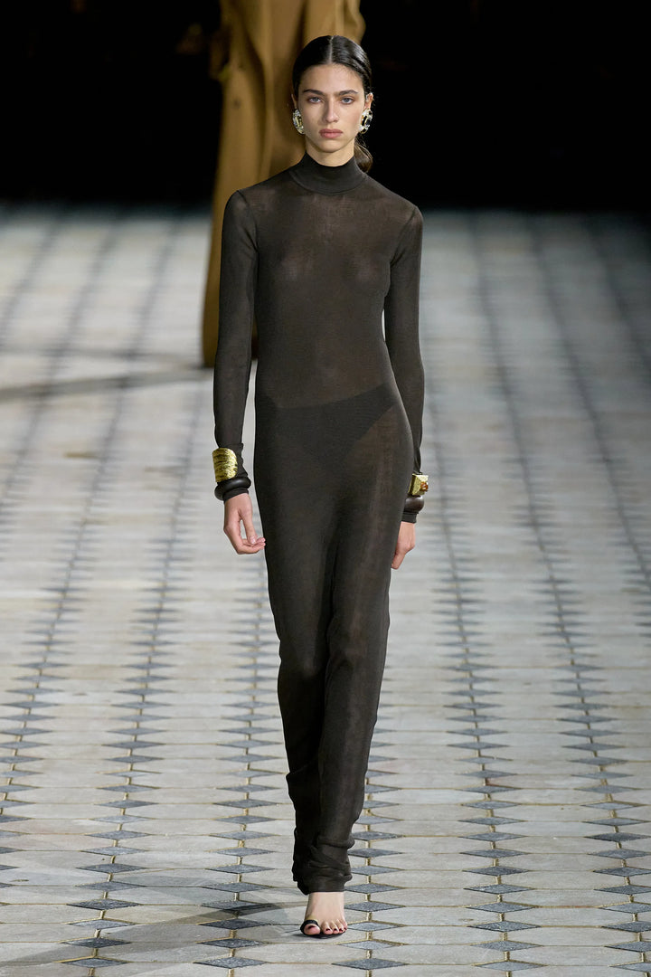SAINT LAURENT 2023 Runway chocolate dark brown mock neck sheer knit dress XS