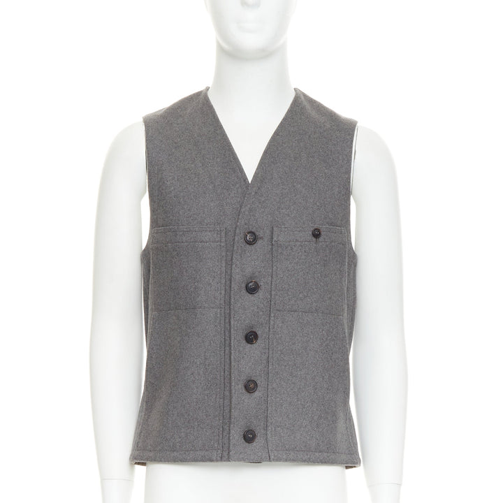 LEMAIRE grey 100% virgin wool felt horn buttons pocketed waist coat vest Sz.2 M