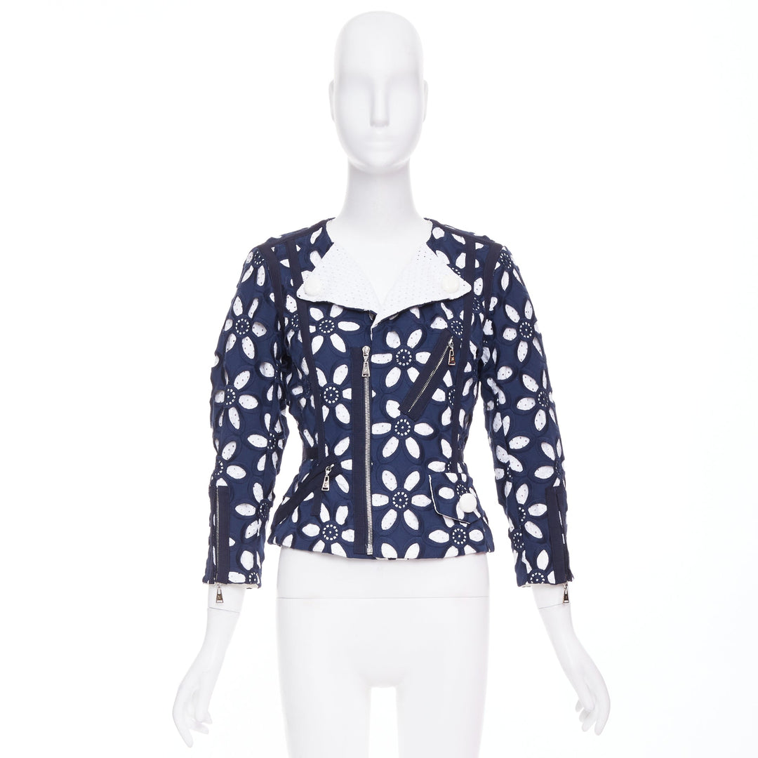 LOUIS VUITTON 2012 Runway navy floral embroidery anglais biker jacket FR38 M