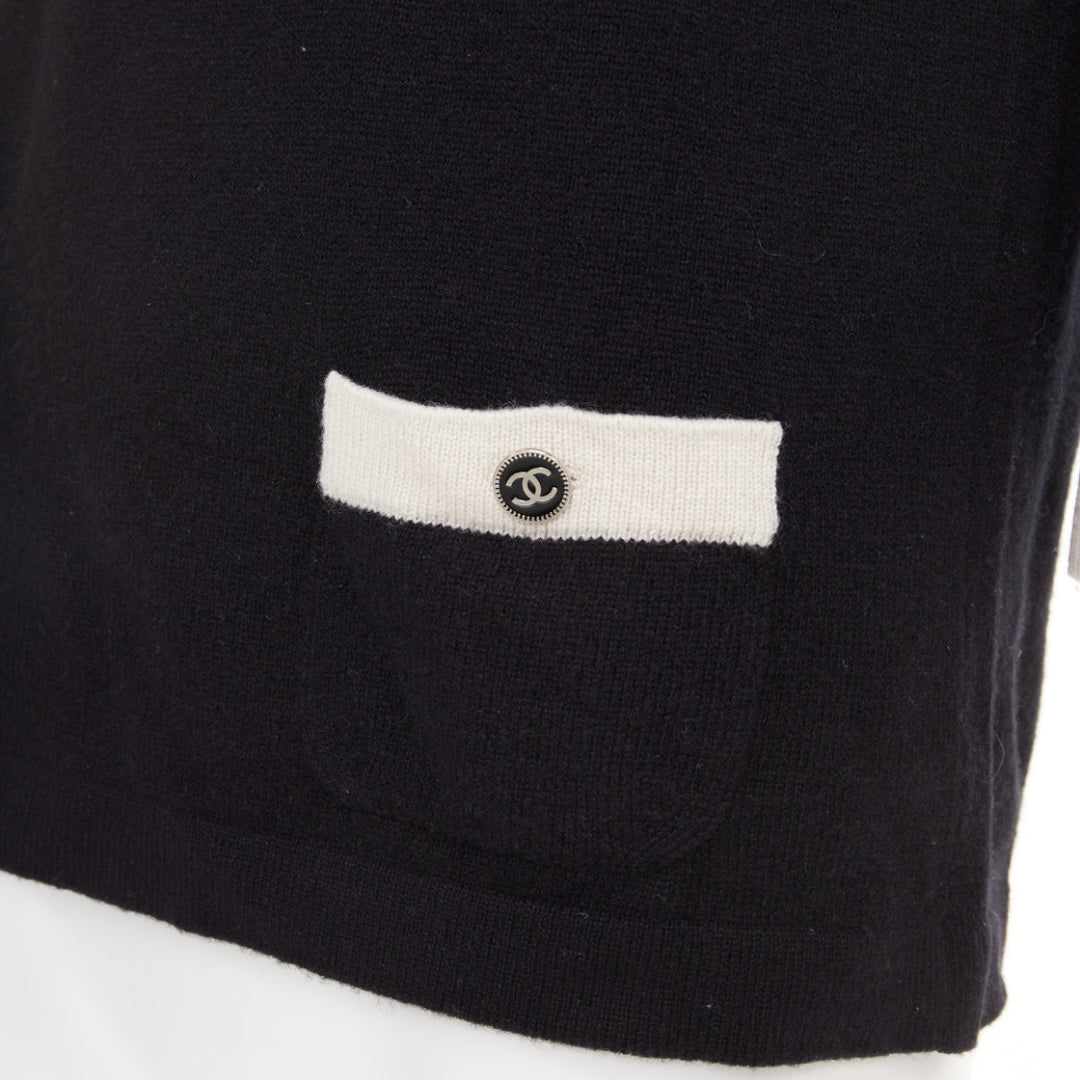 CHANEL black 100% cashmere white contrast trim CC button pocket pullover FR40 L