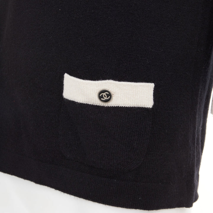 CHANEL black 100% cashmere white contrast trim CC button pocket pullover FR40 L