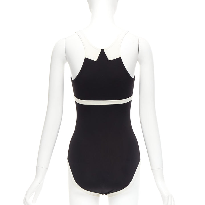rare CHANEL 96C Vintage CC black cream colorblock swim bodysuit FR36 S