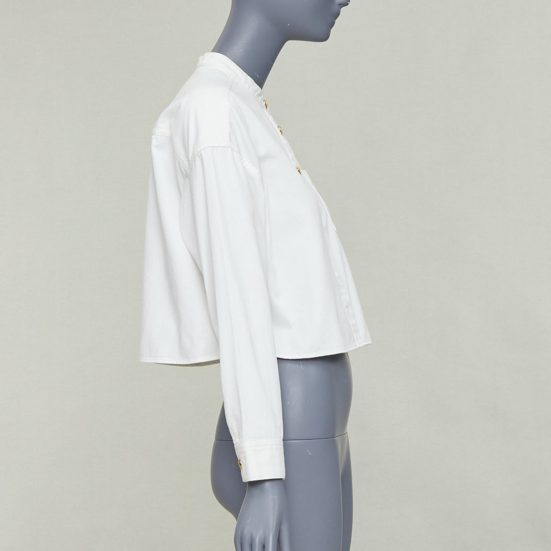 CELINE Triomphe optic white cotton anagram gold button crop popover shirt FR36 S