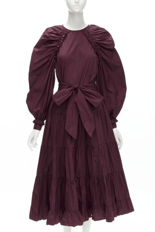ULLA JOHNSON burgundy cotton bow belt balloon sleeves flared midi dress US2 XS