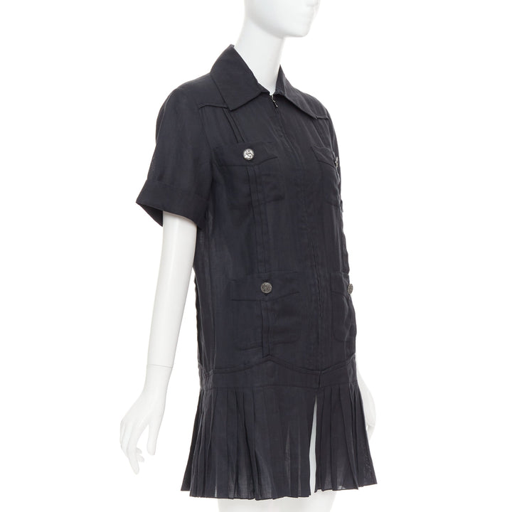 CHANEL Coco Cuba black ramie 4 pocket zip pleated mini dress FR34 XS