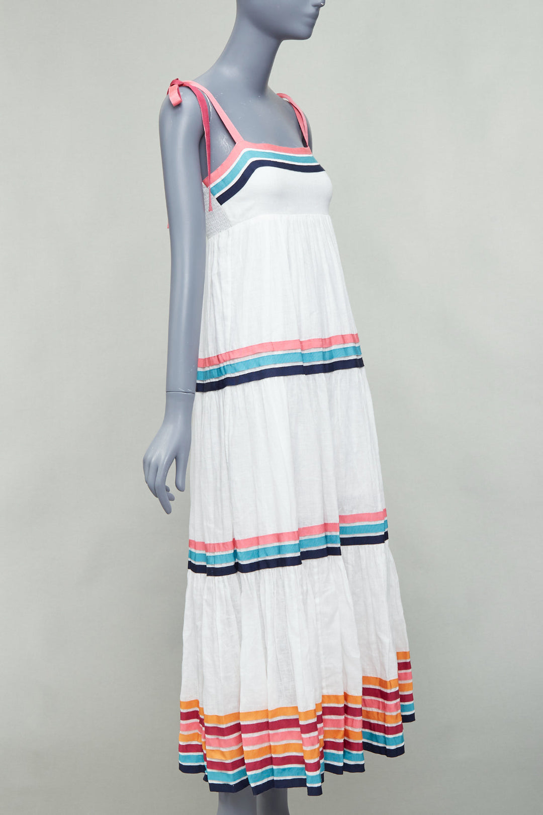 ZIMMERMANN Lulu white pink multicolor stripe trim shirred midi dress Sz1 S