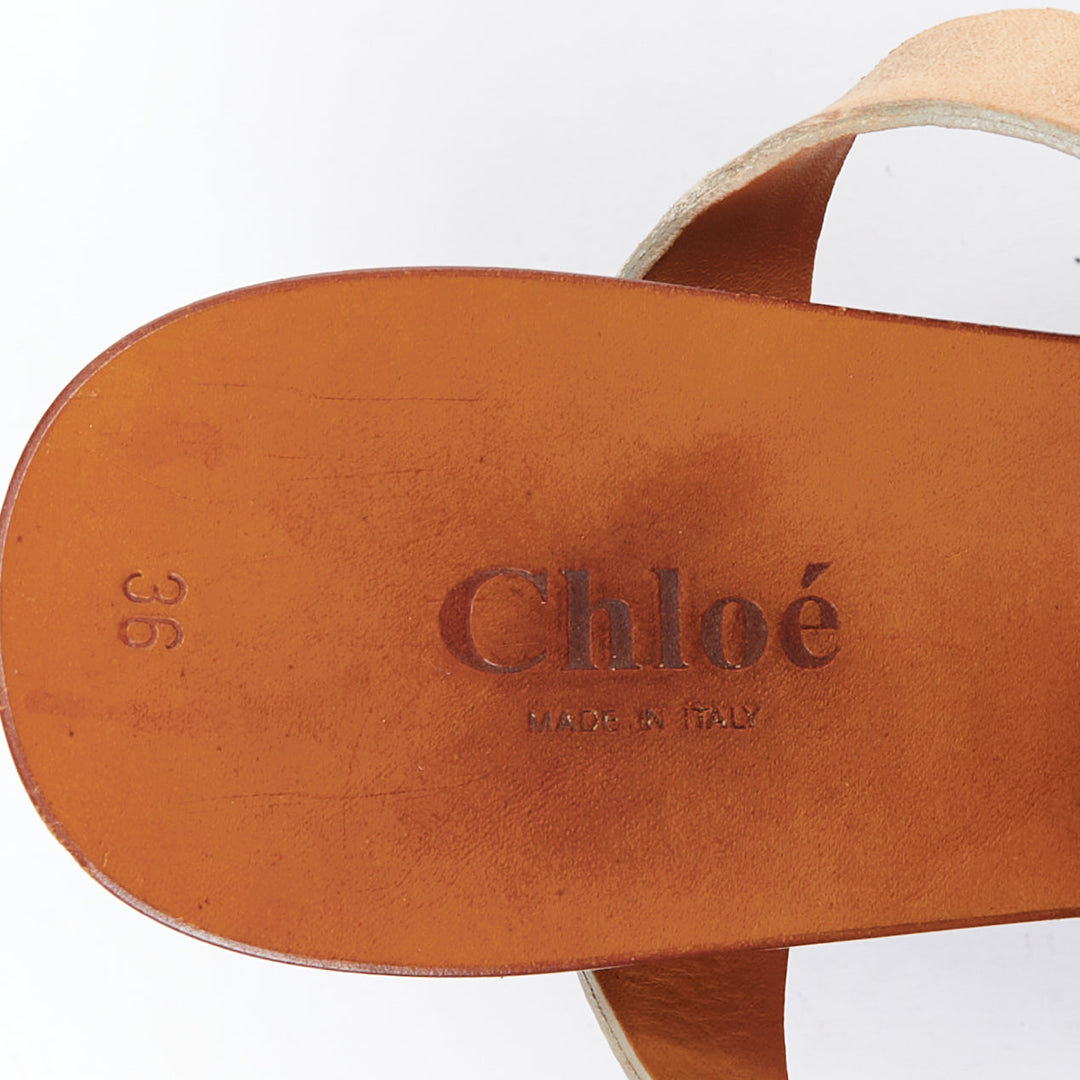 CHLOE tan leather black wooden strappy wedge clog sandals EU36