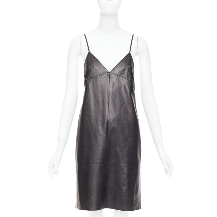 SAINT LAURENT 2024 black lambskin plunge low cut open back slip dress FR38 M