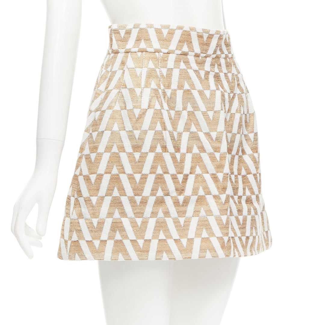 VALENTINO VLOGO gold white monogram jacquard A-line mini skirt skorts IT38 XS