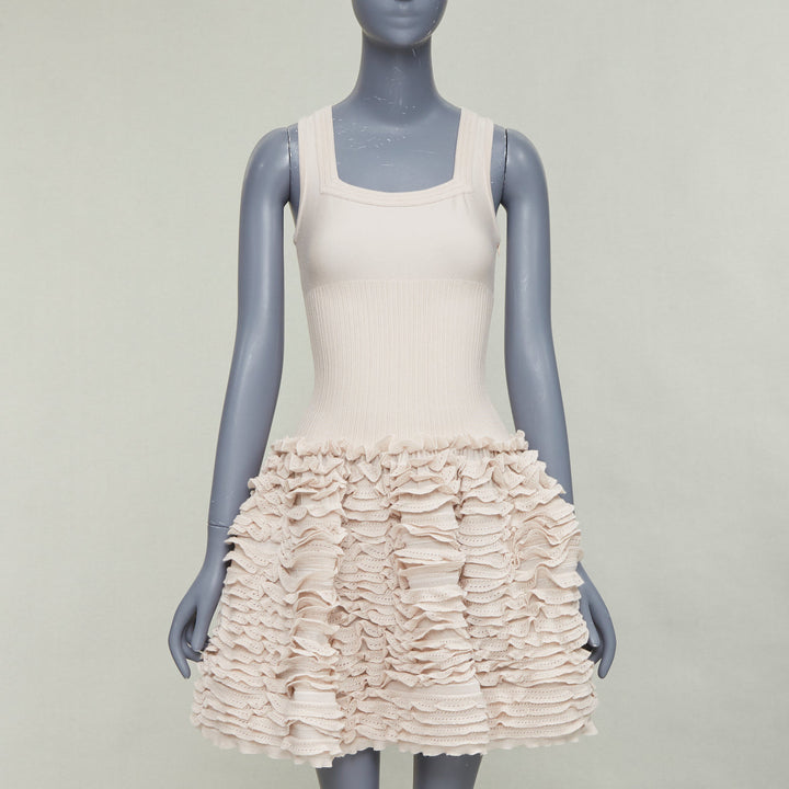ALAIA pink beige wool blend square neck tiered ruffle cocktail dress FR36 S