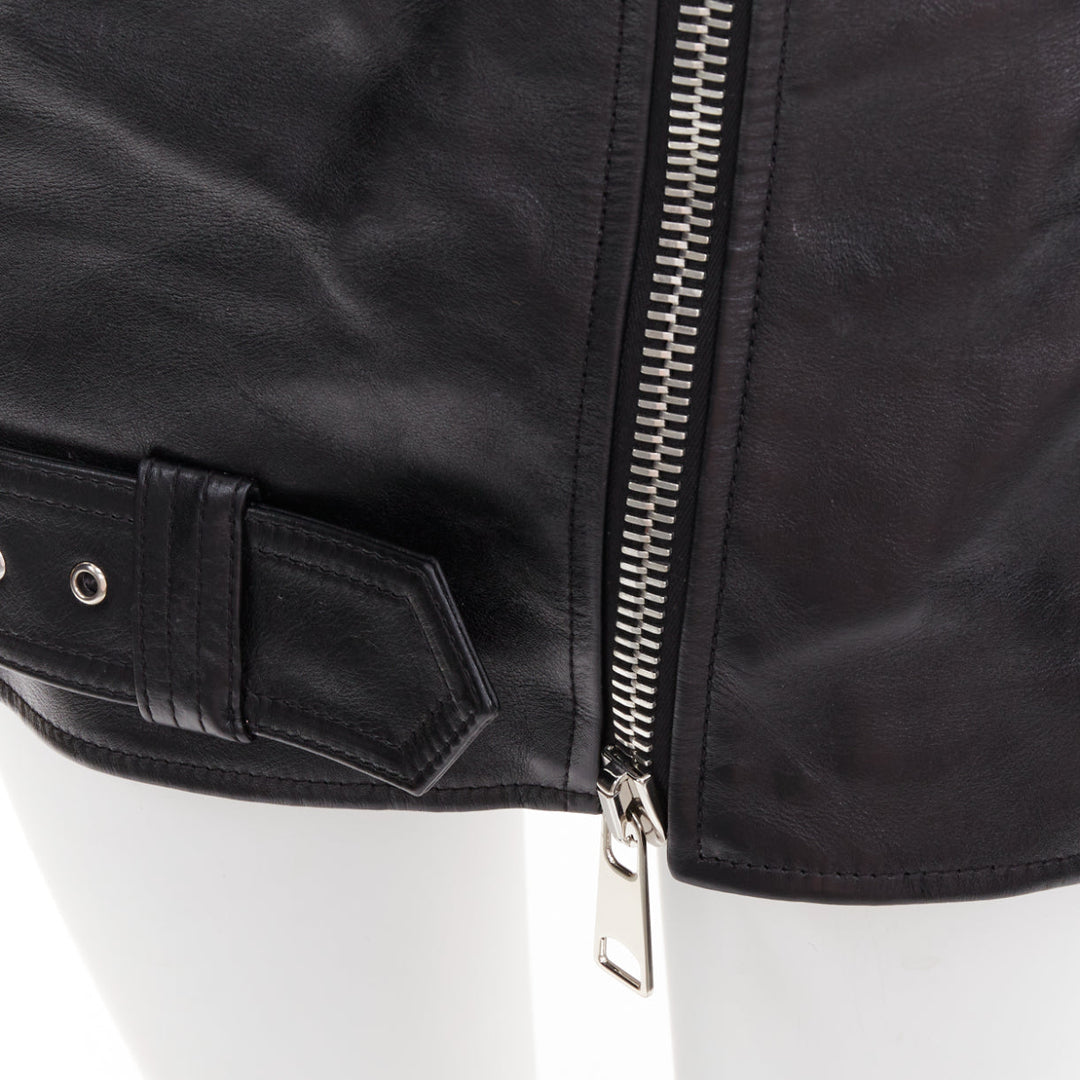ALEXANDER MCQUEEN 2023 black cowhide leather silver biker zip skirt IT36 XXS
