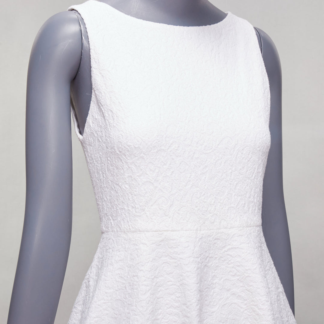 ALICE OLIVIA white cotton blend baroque jacquard fit flared dress US2 S