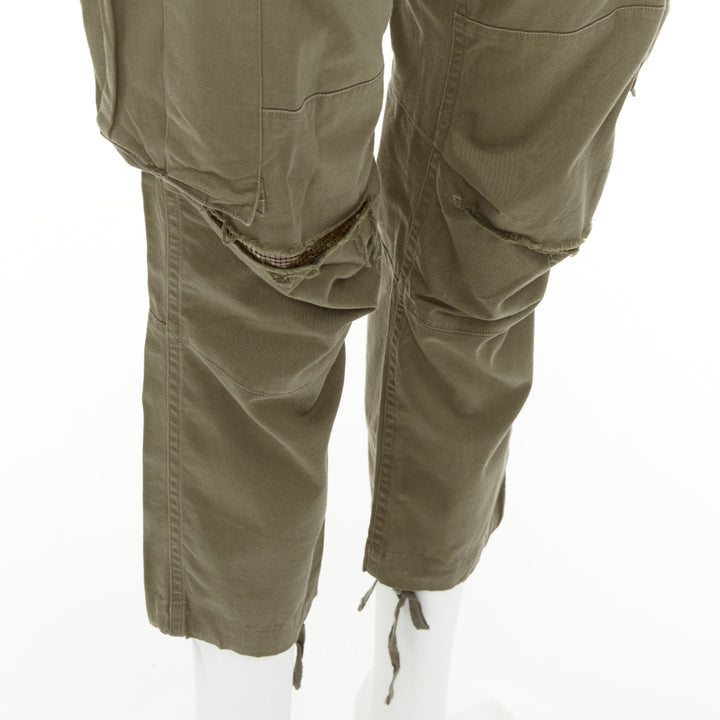 BALMAIN khaki cotton blend ripped chainmail details low waist cargo pants FR36 S
