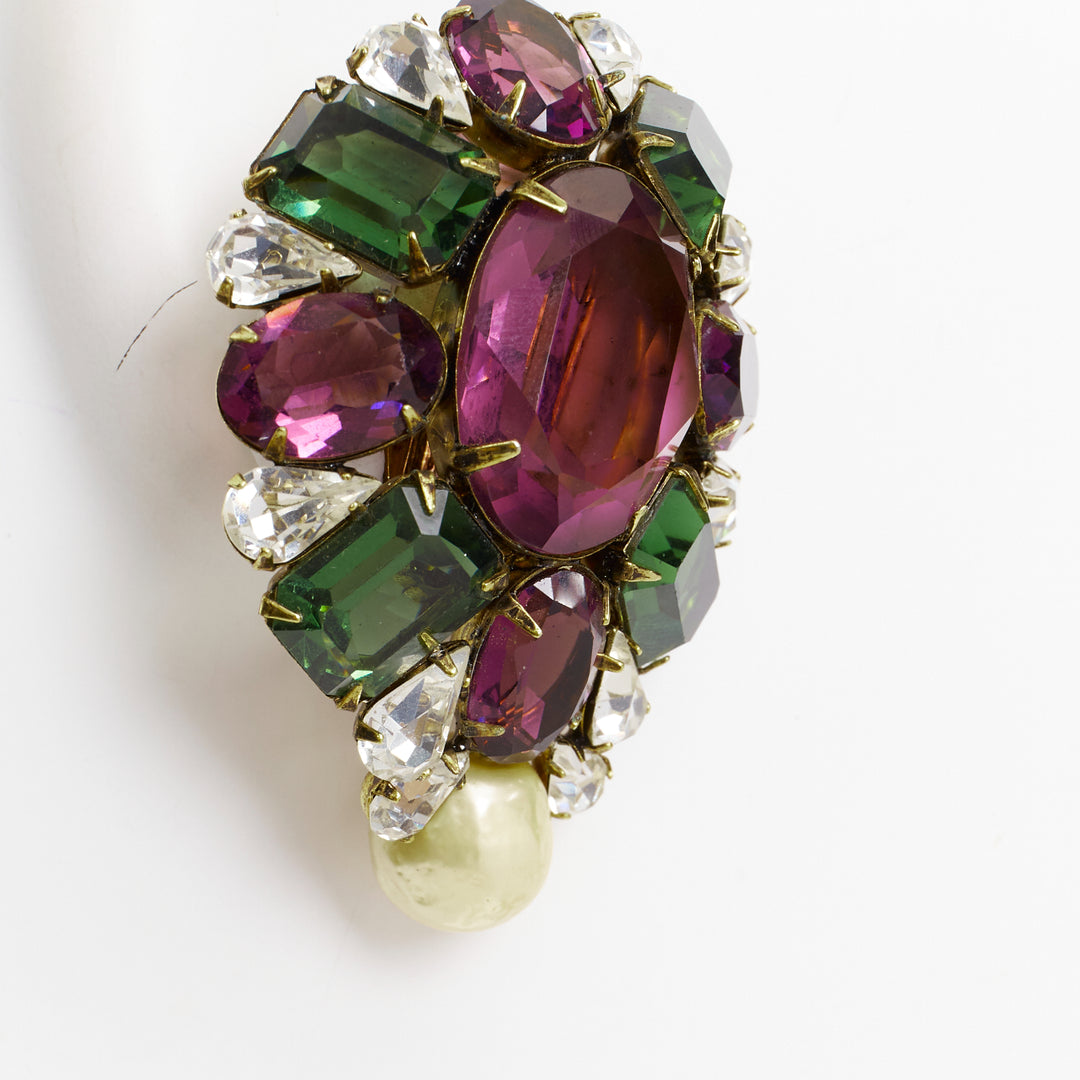 IRAJ MOINI purple green silver giant stones faux pearl clip on earrings Pair