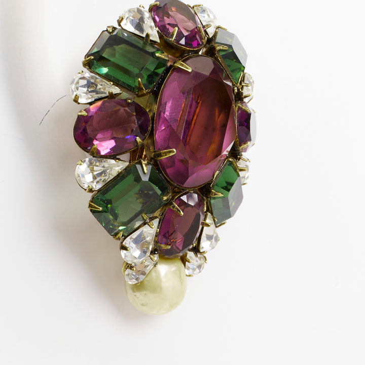 IRAJ MOINI purple green silver giant stones faux pearl clip on earrings Pair