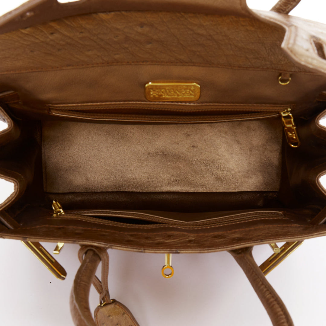 KWANPEN brown ostrich leather gold hardware top handle structured executive bag