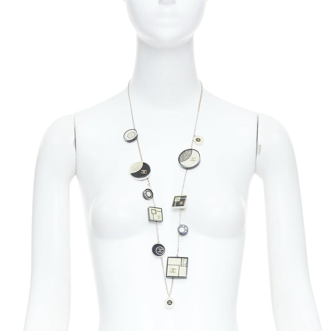 CHANEL 2008 08C black white geometric record resin charm station long necklace