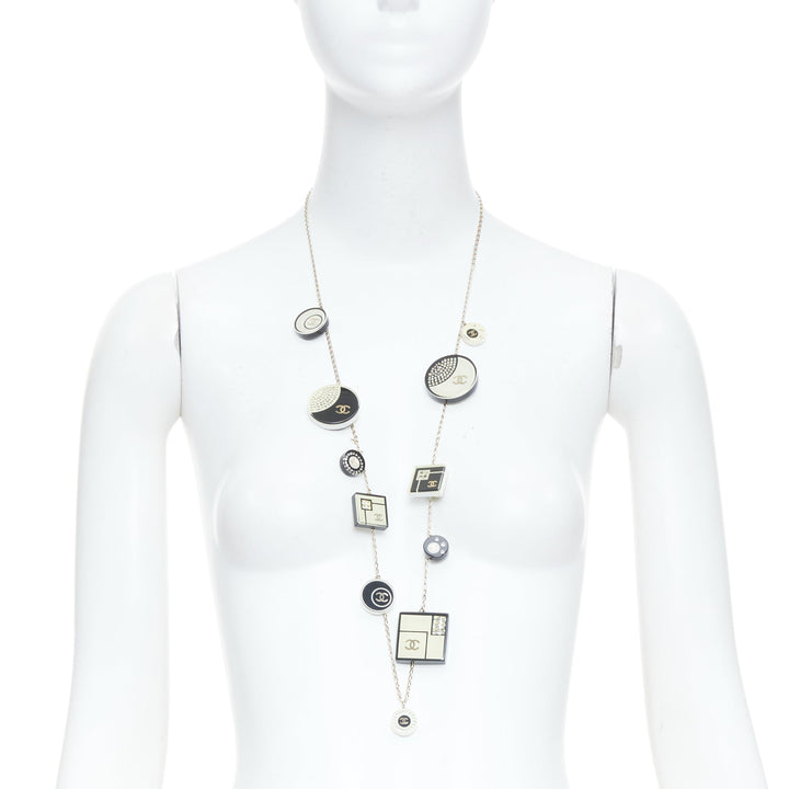 CHANEL 2008 08C black white geometric record resin charm station long necklace