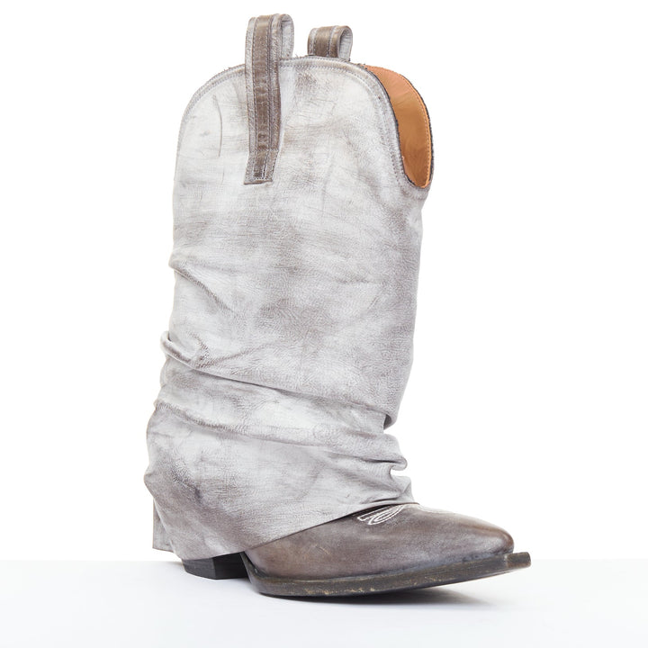 R13 Distressed Low Rider Cowboy grey washed leather slouchy mid calf boots EU38