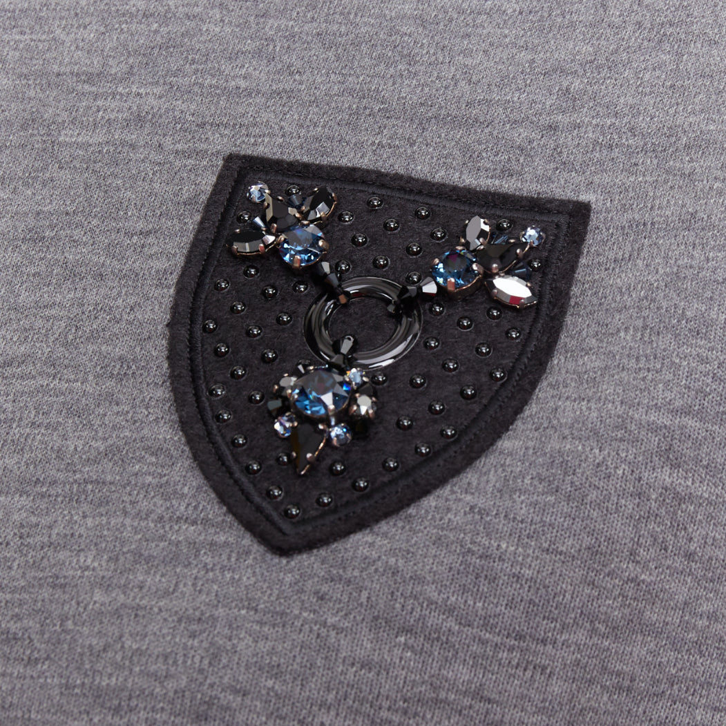 DIOR 2017 grey wool blend black crystal embellished crest sweatshirt FR34 XS