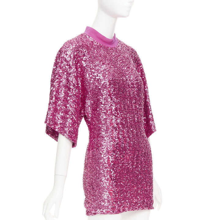 THE ATTICO hot pink sequin dolman sleeves crew neck mini dress IT38 XS