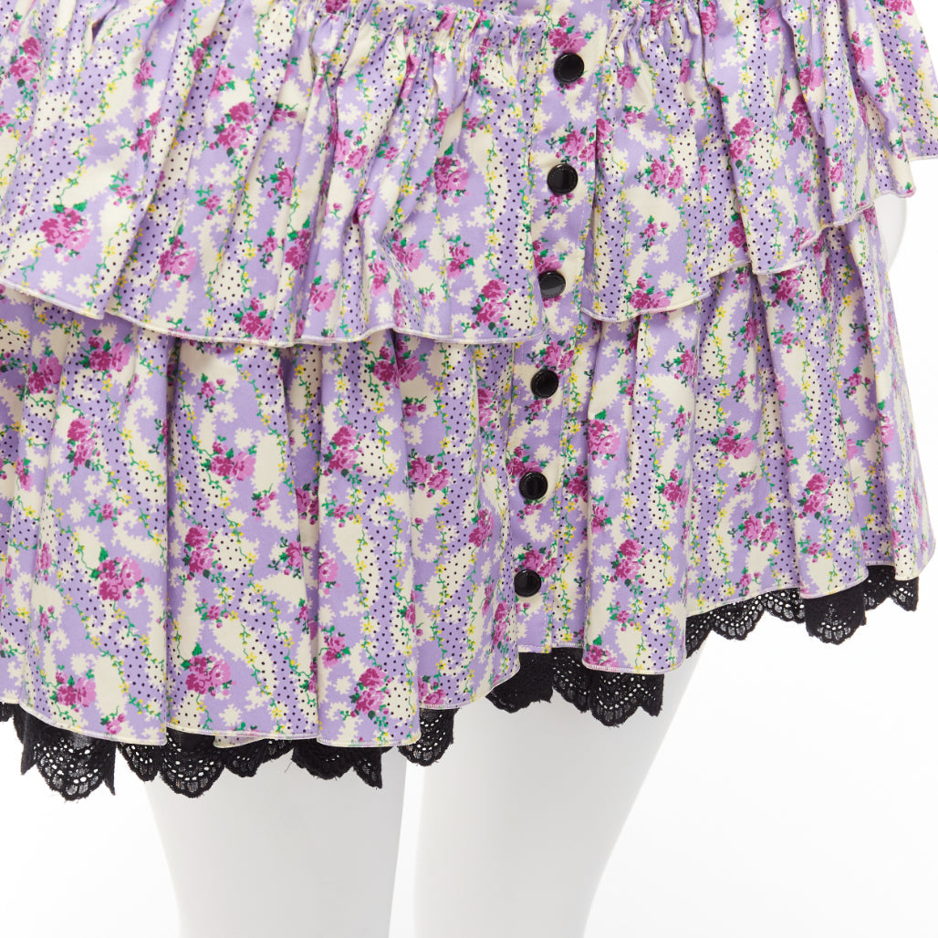 MARC JACOBS Mini Prairie Skirt purple floral print black lace trim tiered US0 XS