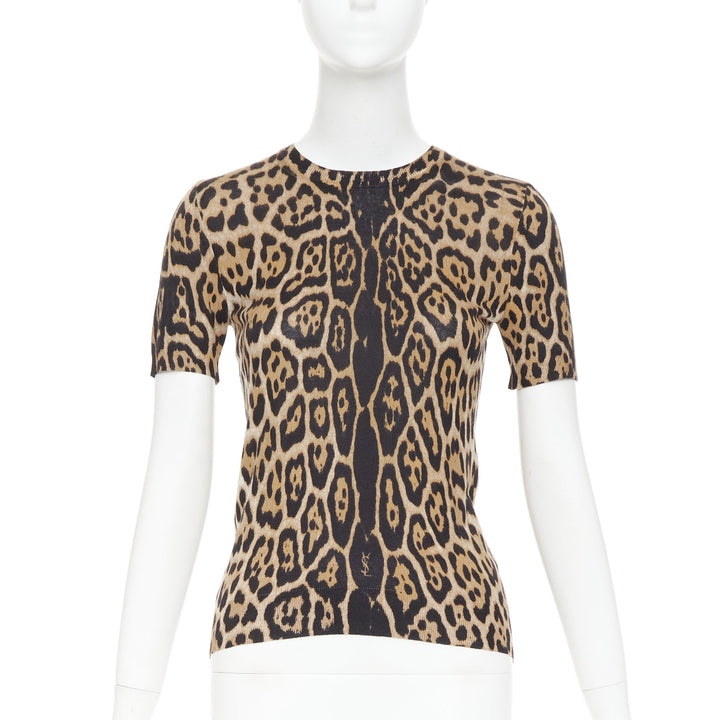 YVES SAINT LAURENT brown cashmere silk leopard logo crew knit sweater top S