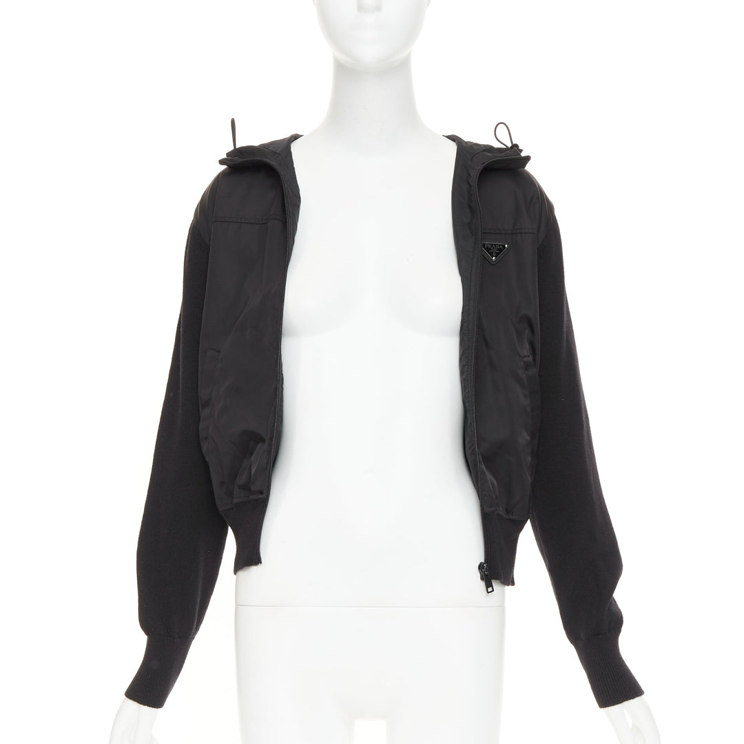PRADA 2021 wool nylon front silver triangle plague zip up hoodie jacket IT42 M