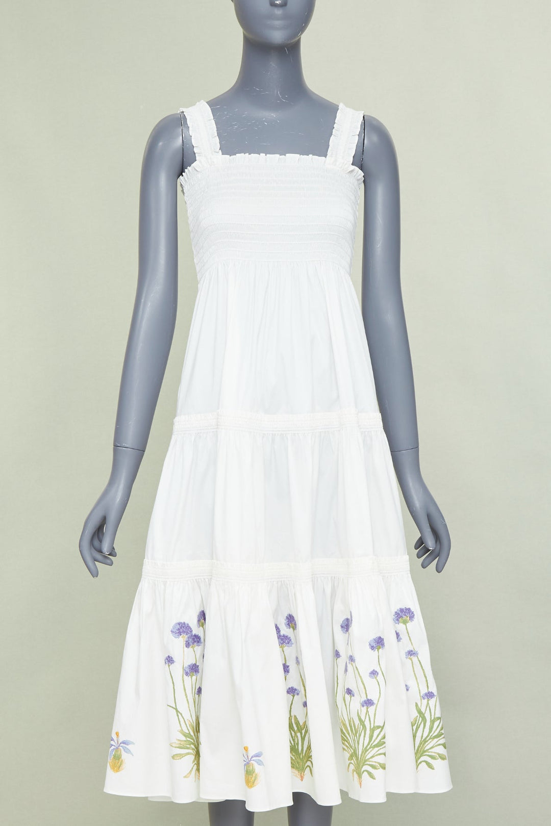 TORY BURCH Embroidered Smocked Midi ivory purple flower embroidery midi dress M