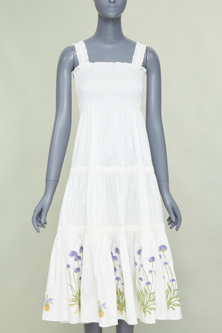 TORY BURCH Embroidered Smocked Midi ivory purple flower embroidery midi dress M