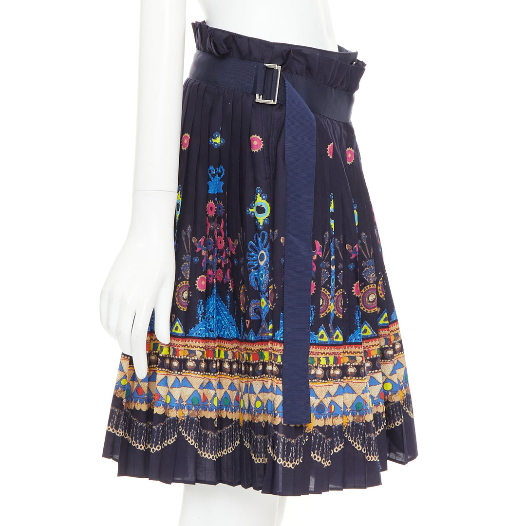 SACAI 2017 navy multicolor circus print belted pleated wrap skorts JP1 S