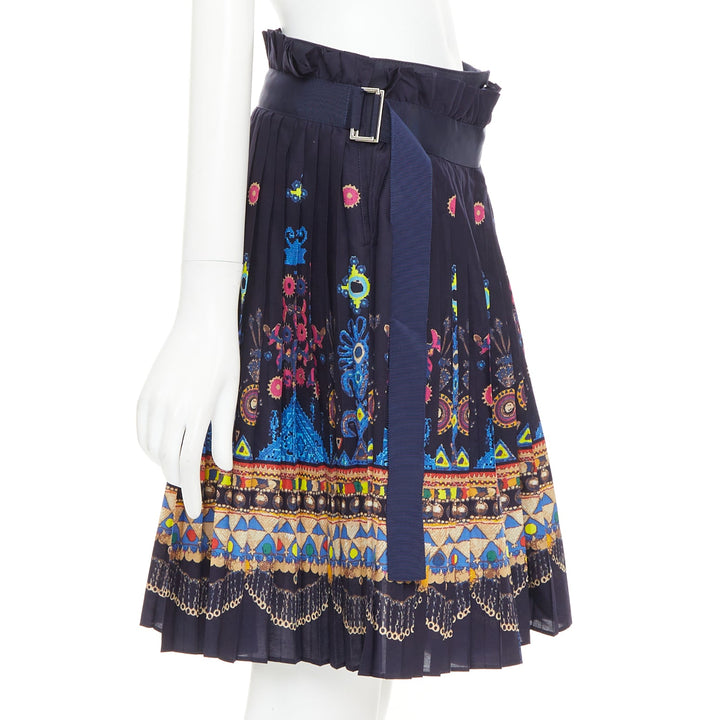 SACAI 2017 navy multicolor circus print belted pleated wrap skorts JP1 S
